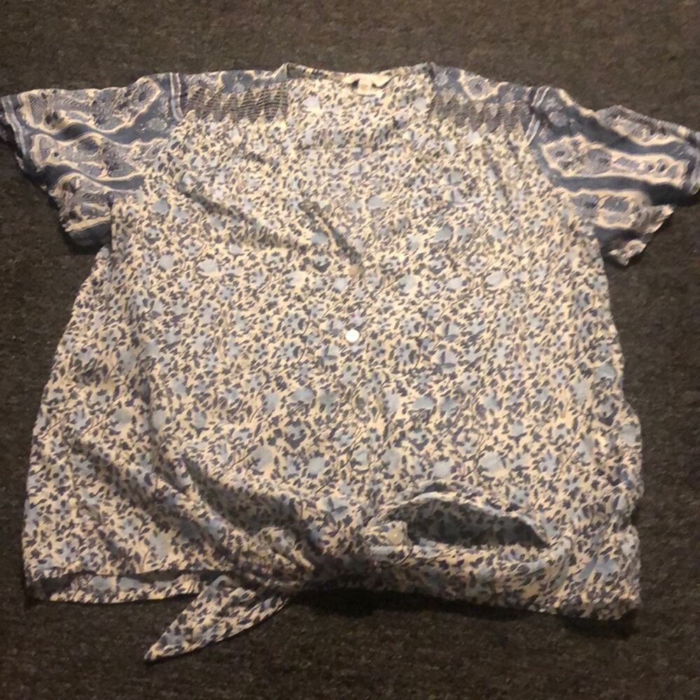 Lucky Brand Women's Small Blue Boho Floral Print Short Sleeve Waist Tie Blouse